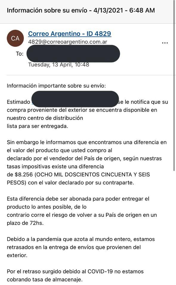 Alerta: circula un mail falso del Correo Argentino
